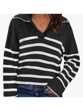 Bloggerlove Women's V Neck Collard Striped Long Sleeve Sweater NWT Size L